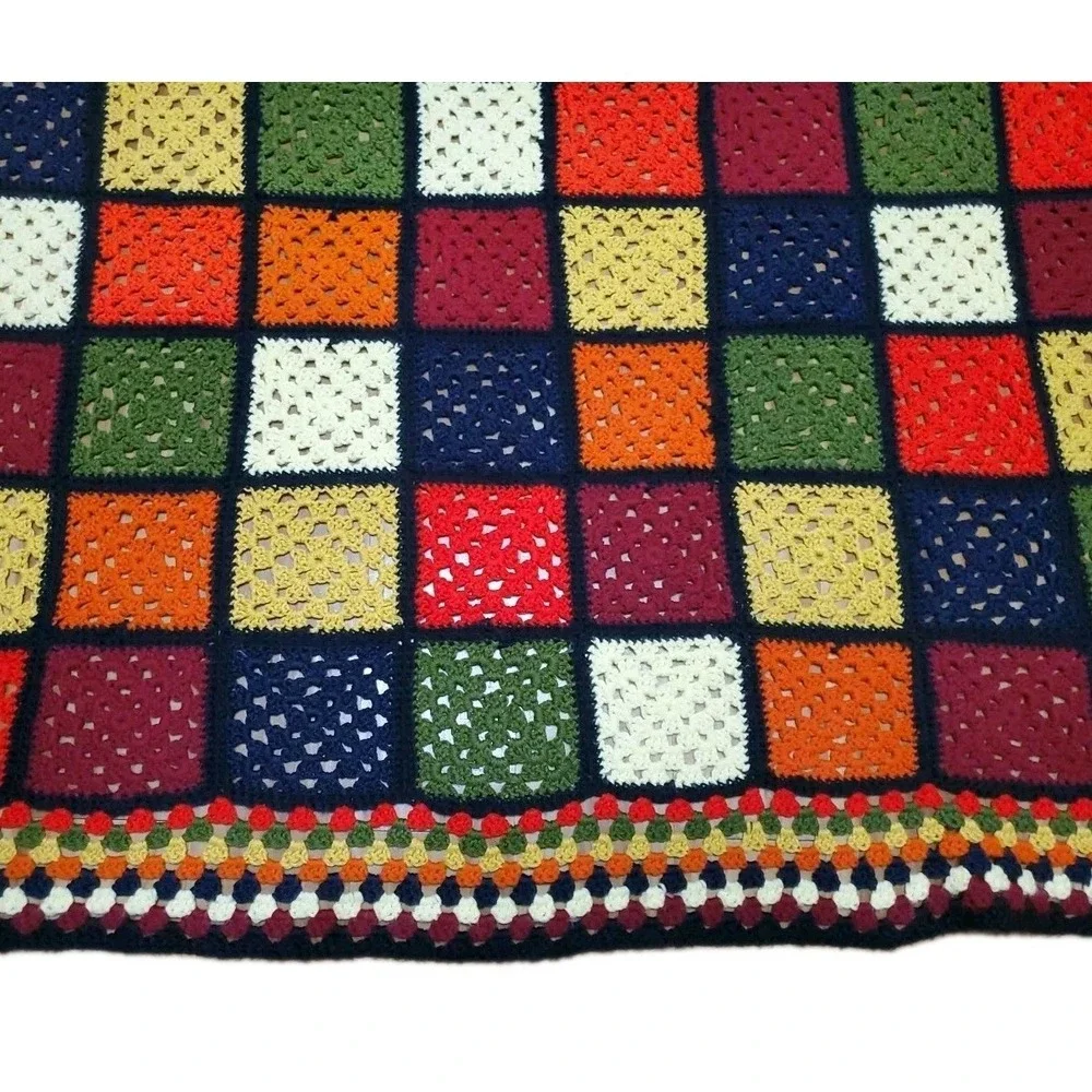 Vintage Granny Square Handmade Crocheted Afghan Blanket Black Orange Green 58x45